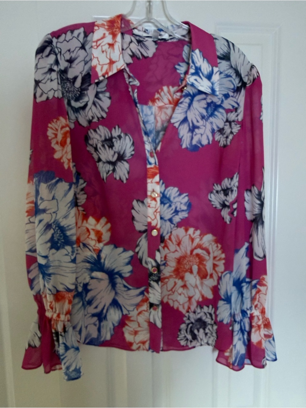 Milly Magenta Floral Sheer Button-Down Blouse